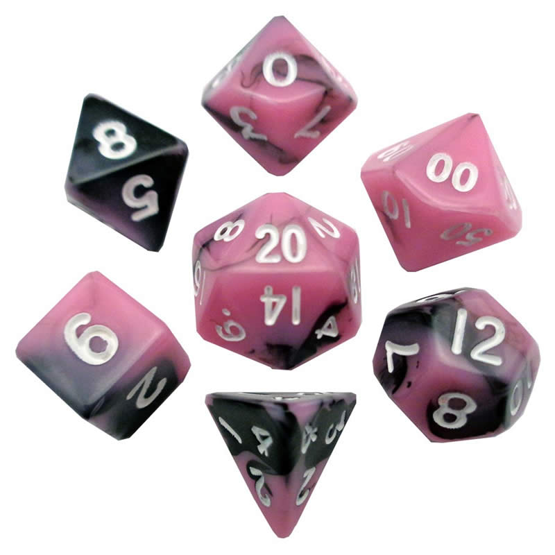 MET473 Pink Black Resin Dice White Numbers 10mm (3/8in) 7-Dice Set Main Image