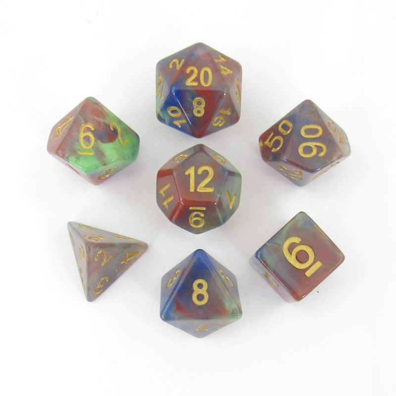 MET611 Red Pearl Swirl With Gold Numbers 16mm (5/8in) Acrylic 7 Dice Set Main Image