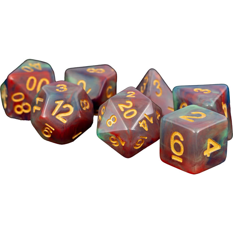 MET611 Red Pearl Swirl With Gold Numbers 16mm (5/8in) Acrylic 7 Dice Set 2nd Image