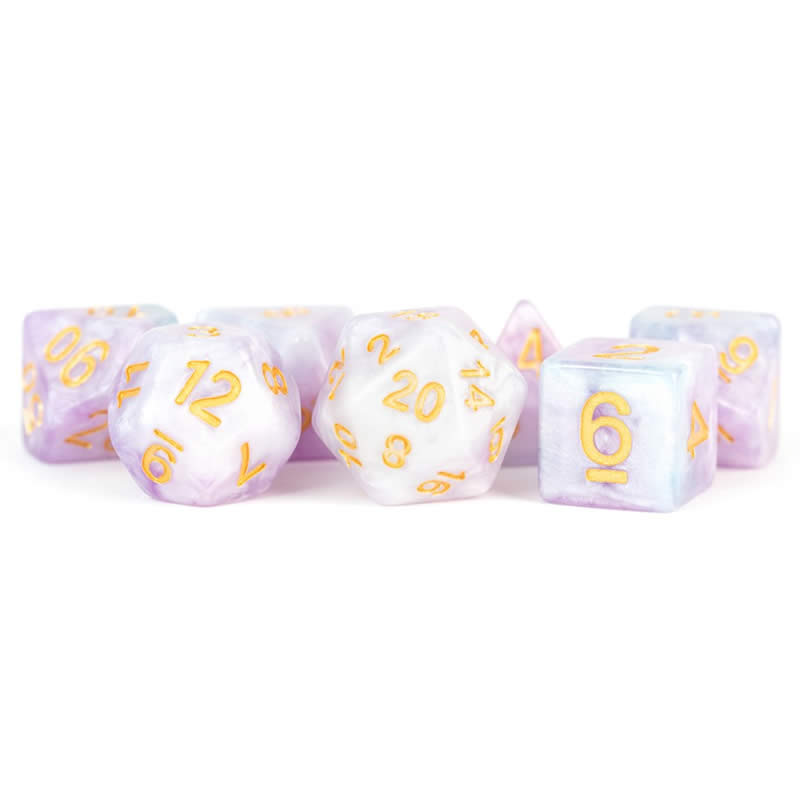 MET612 Lavender Dice with Yellow Numbers 16mm (5/8in) Acrylic 7 Dice Set Main Image
