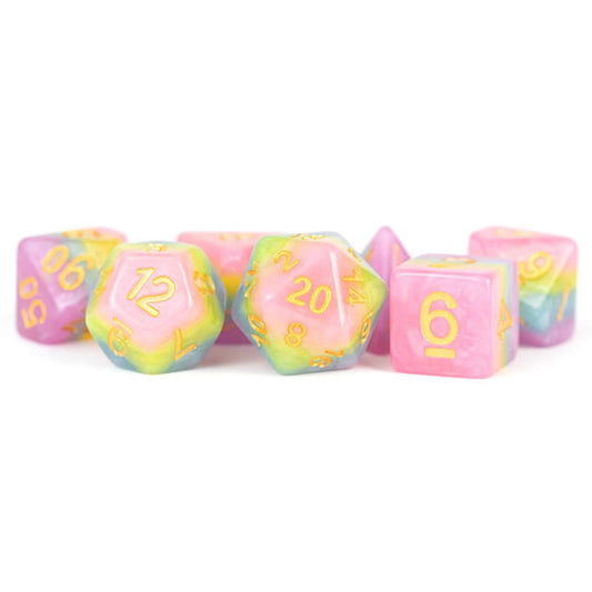 MET613 Pastel Fairy Dice with Yellow Numbers 16mm (5/8in) Acrylic 7 Dice Set Main Image