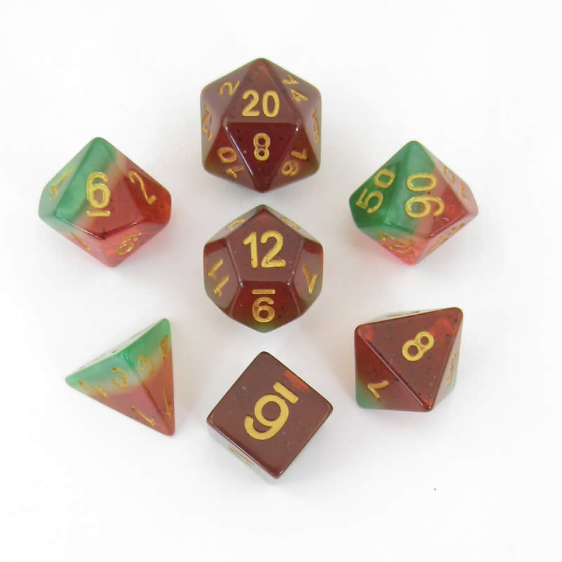 MET615 Watermelon Dice with Gold Numbers 16mm (5/8in) Acrylic 7 Dice Set Main Image