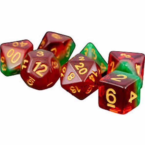 MET615 Watermelon Dice with Gold Numbers 16mm (5/8in) Acrylic 7 Dice Set 2nd Image