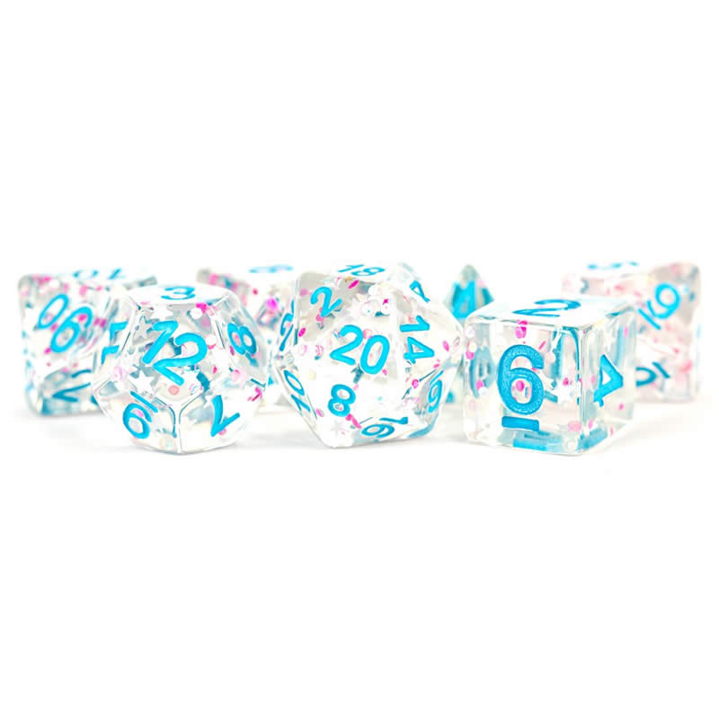 MET617 Clear with Confetti Dice with Blue Numbers 16mm (5/8in) Resin 7 Dice Set Main Image