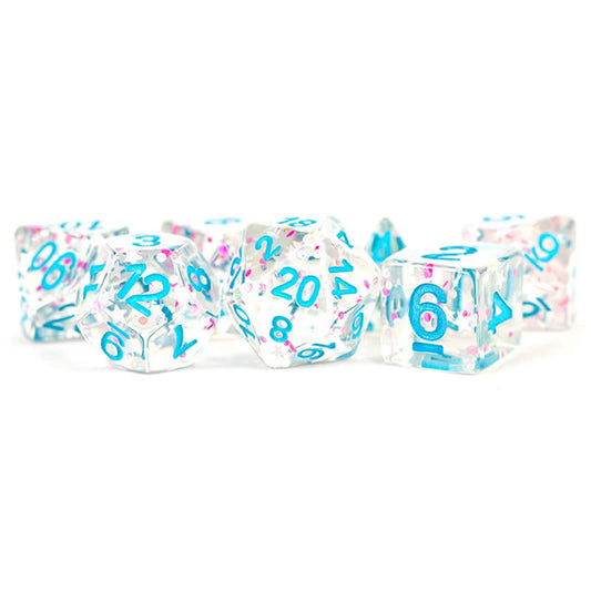 MET617 Clear with Confetti Dice with Blue Numbers 16mm (5/8in) Resin 7 Dice Set Main Image