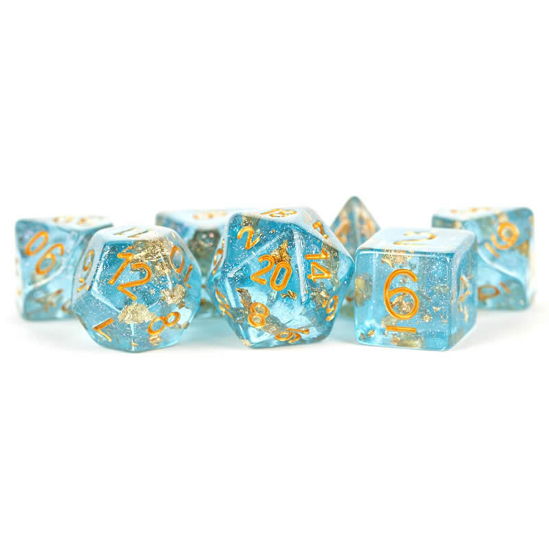 MET618 Blue with Gold Foil Dice with Gold Numbers 16mm (5/8in) Resin 7 Dice Set Main Image