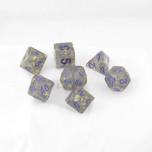 MET619 Grey with Gold Foil Dice with Purple Numbers 16mm (5/8in) Resin 7 Dice Set Main Image