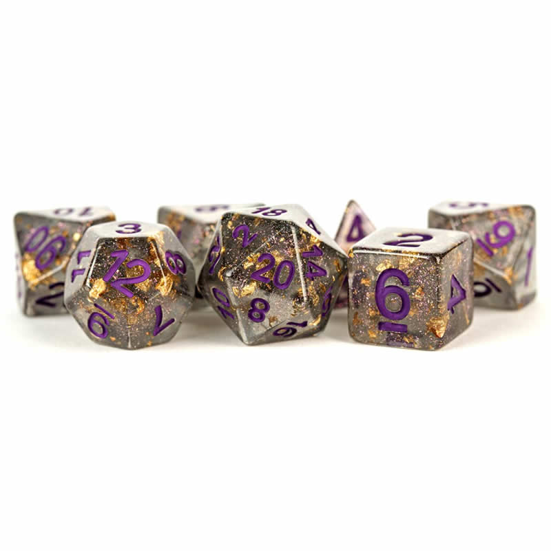 MET619 Grey with Gold Foil Dice with Purple Numbers 16mm (5/8in) Resin 7 Dice Set 2nd Image