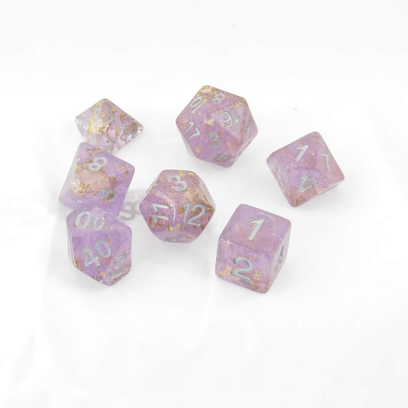 MET621 Purple with Gold Foil Dice with Gray Numbers 16mm (5/8in) Resin 7 Dice Set Metallic Dice Games Main Image