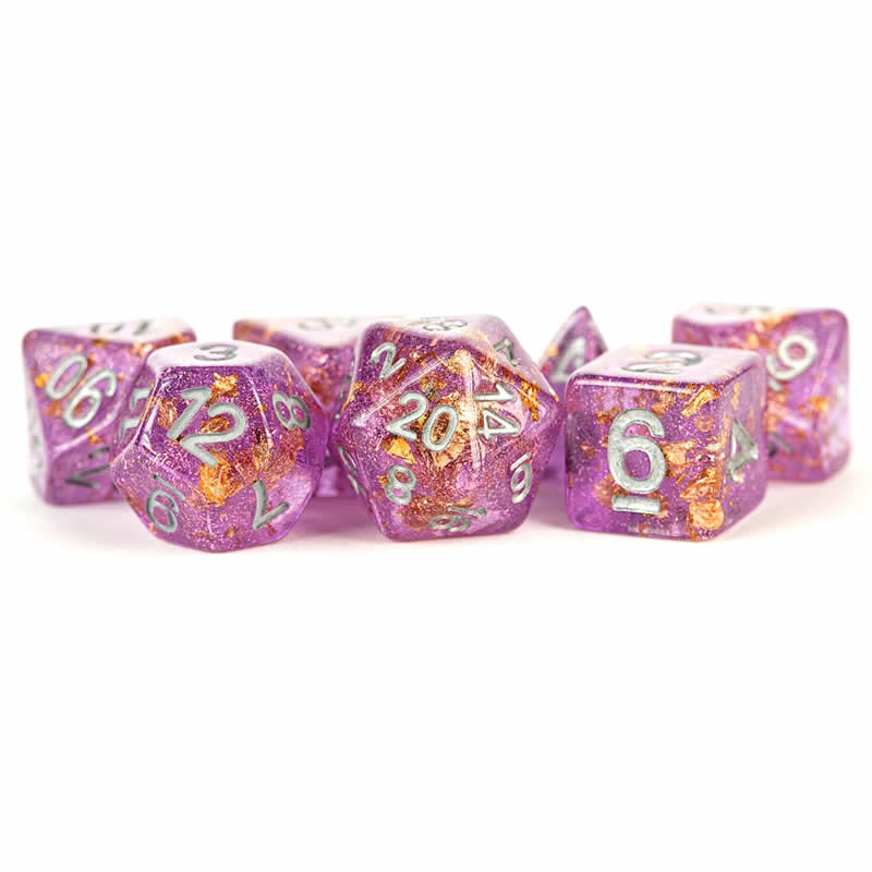 MET621 Purple with Gold Foil Dice with Gray Numbers 16mm (5/8in) Resin 7 Dice Set Metallic Dice Games 2nd Image