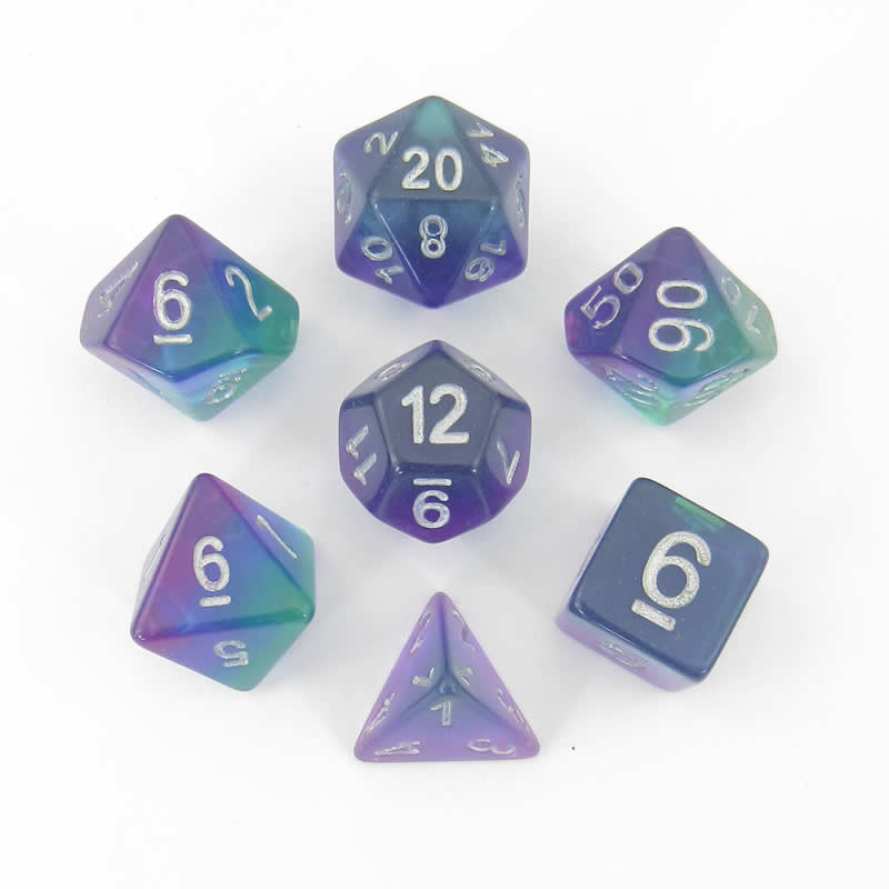 MET627 Blue Aurora with White Numbers Acrylic 16mm (5/8in) 7 Dice Set Main Image