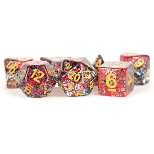 MET628 Red Black Particle Dice Gold Numbers Resin 16mm 7 Dice Set Main Image