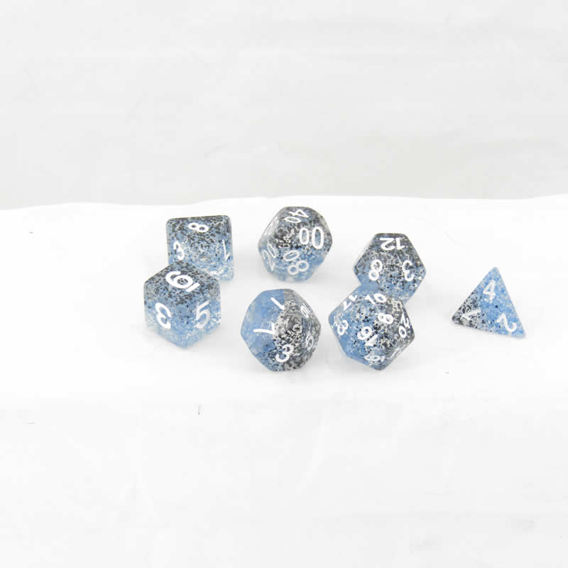 MET629 Blue Black Particle Dice White Numbers Resin 16mm 7 Dice Set Main Image