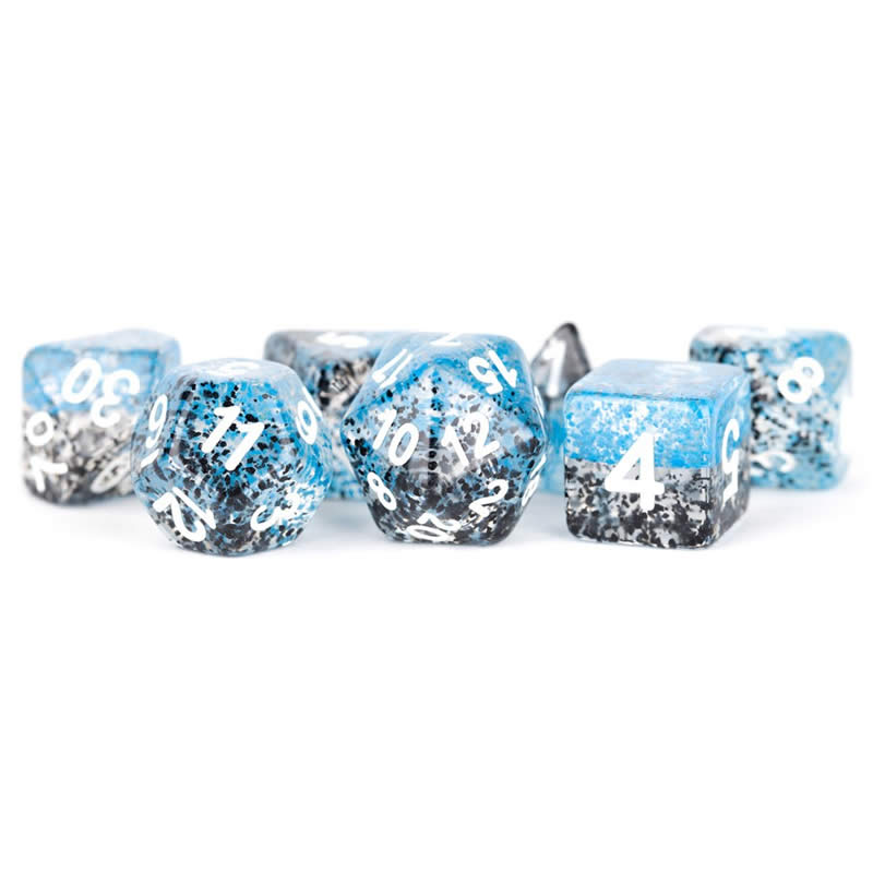 MET629 Blue Black Particle Dice White Numbers Resin 16mm 7 Dice Set 2nd Image