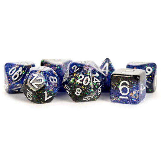 MET632 Blue and Black Eternal Resin with White Numbers 16mm (5/8in) 7 Dice Set Main Image