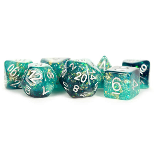 MET634 Teal and Black Eternal Resin with White Numbers 16mm (5/8in) 7 Dice Set Main Image