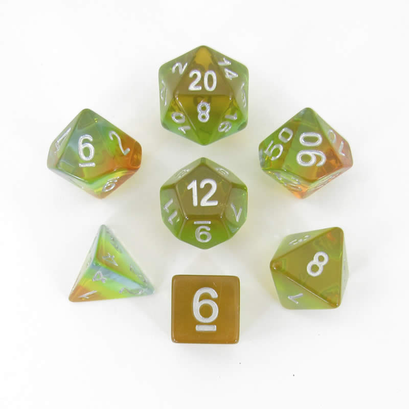 MET662 Yellow Aurora with White Numbers Acrylic 16mm (5/8in) 7 Dice Set Metallic Dice Games Main Image