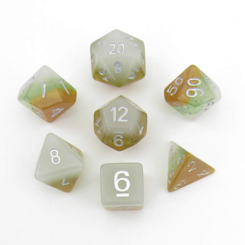 MET665 Kiwi Fruit with White Numbers Acrylic 7 Dice Set Metallic Dice Games Main Image