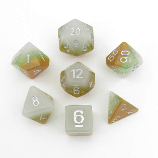 MET665 Kiwi Fruit with White Numbers Acrylic 7 Dice Set Metallic Dice Games Main Image