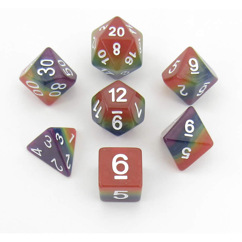 MET667 Rainbow with White Numbers Acrylic 7 Dice Set Metallic Dice Games Main Image