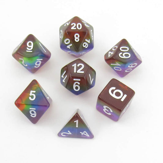 MET677 Translucent Rainbow with White Numbers Acrylic 7 Dice Set Metallic Dice Games Main Image