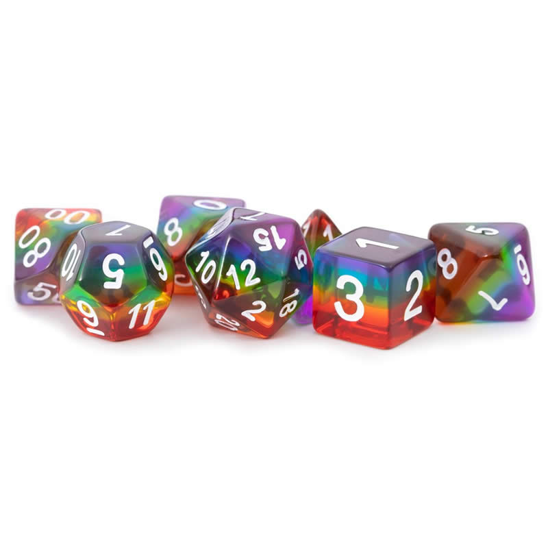 MET677 Translucent Rainbow with White Numbers Acrylic 7 Dice Set Metallic Dice Games 2nd Image