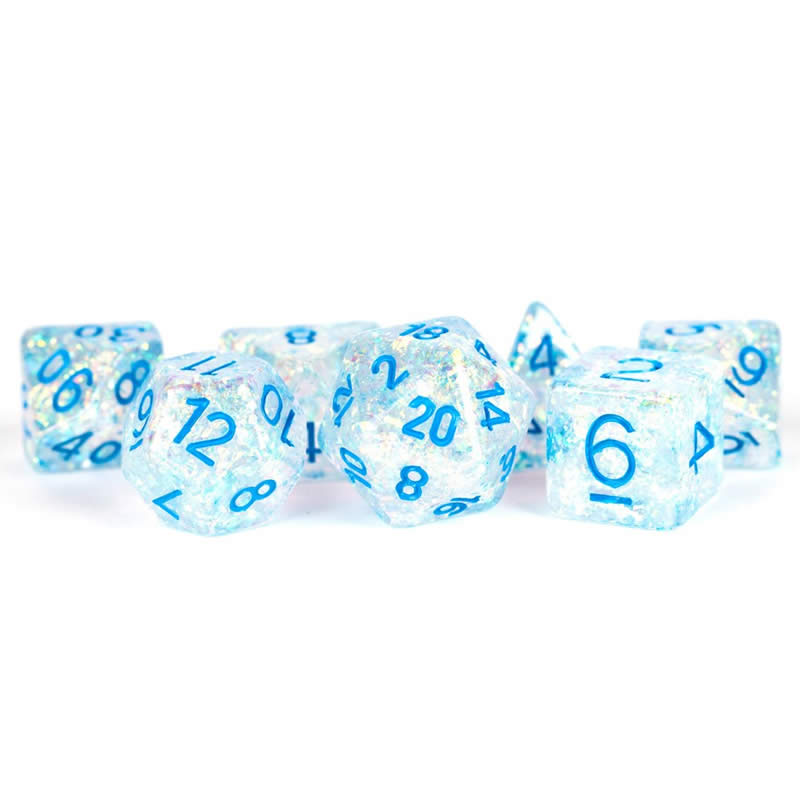 MET680 Clear Flash Dice with Blue Numbers Resin 16mm (5/8in) 7 Dice Set Main Image