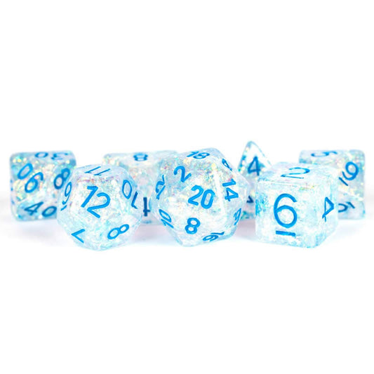 MET680 Clear Flash Dice with Blue Numbers Resin 16mm (5/8in) 7 Dice Set Main Image