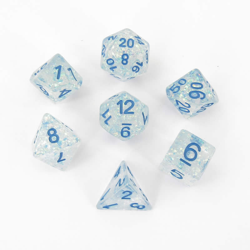 MET680 Clear Flash Dice with Blue Numbers Resin 16mm (5/8in) 7 Dice Set 2nd Image