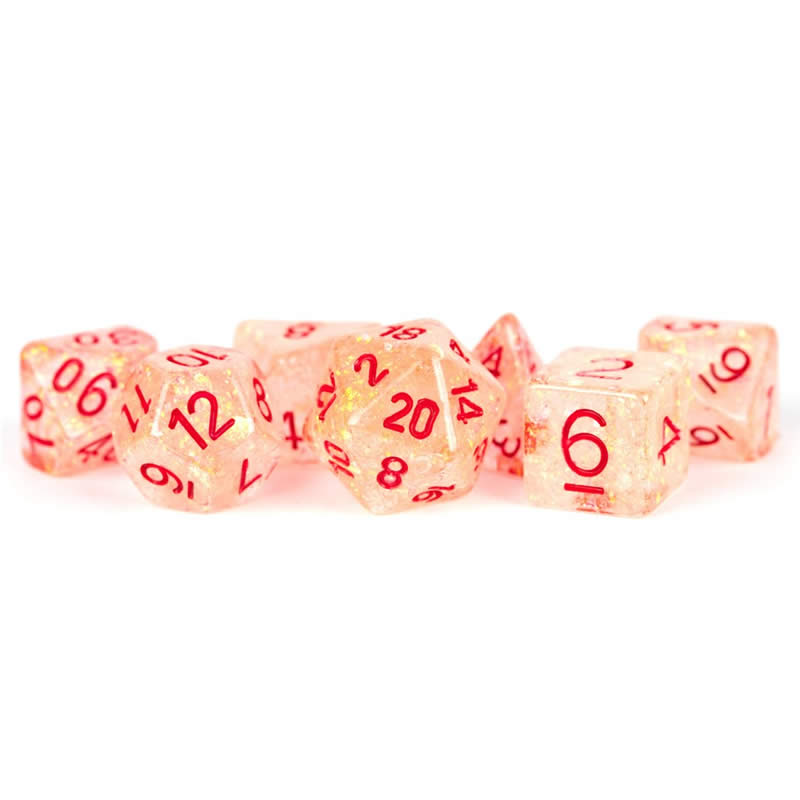 MET681 Orange Flash Dice with Red Numbers Resin 16mm (5/8in) 7 Dice Set Main Image