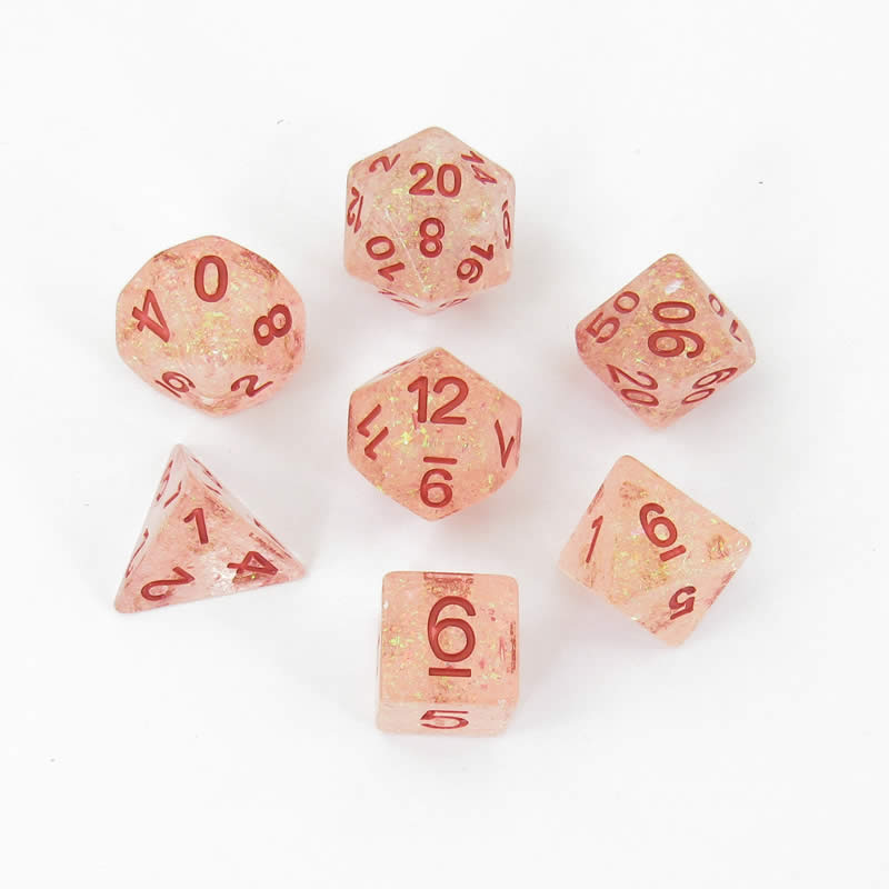 MET681 Orange Flash Dice with Red Numbers Resin 16mm (5/8in) 7 Dice Set 2nd Image