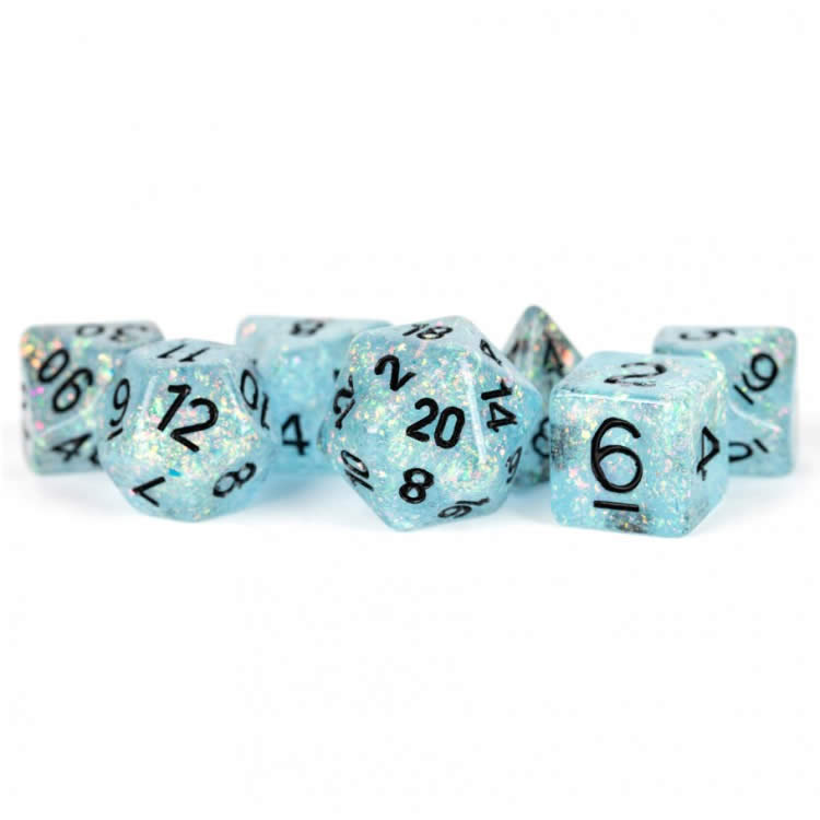 MET682 Blue Flash Dice with Black Numbers Resin 16mm (5/8in) 7 Dice Set Main Image