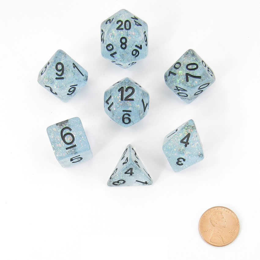 MET682 Blue Flash Dice with Black Numbers Resin 16mm (5/8in) 7 Dice Set 2nd Image