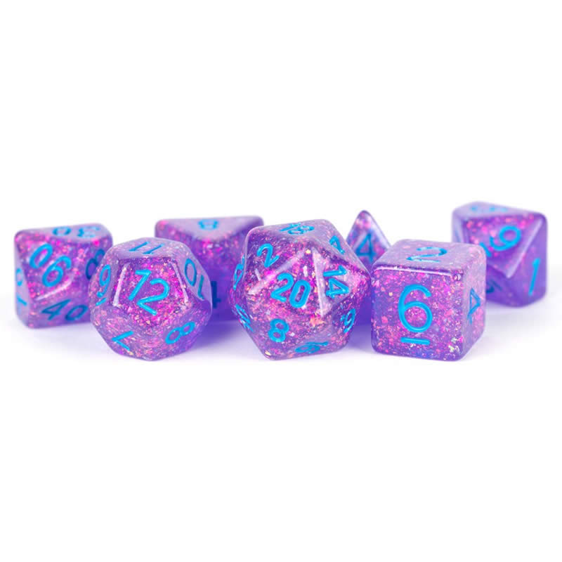 MET683 Purple Flash Dice with Blue Numbers Resin 16mm (5/8in) 7 Dice Set Main Image