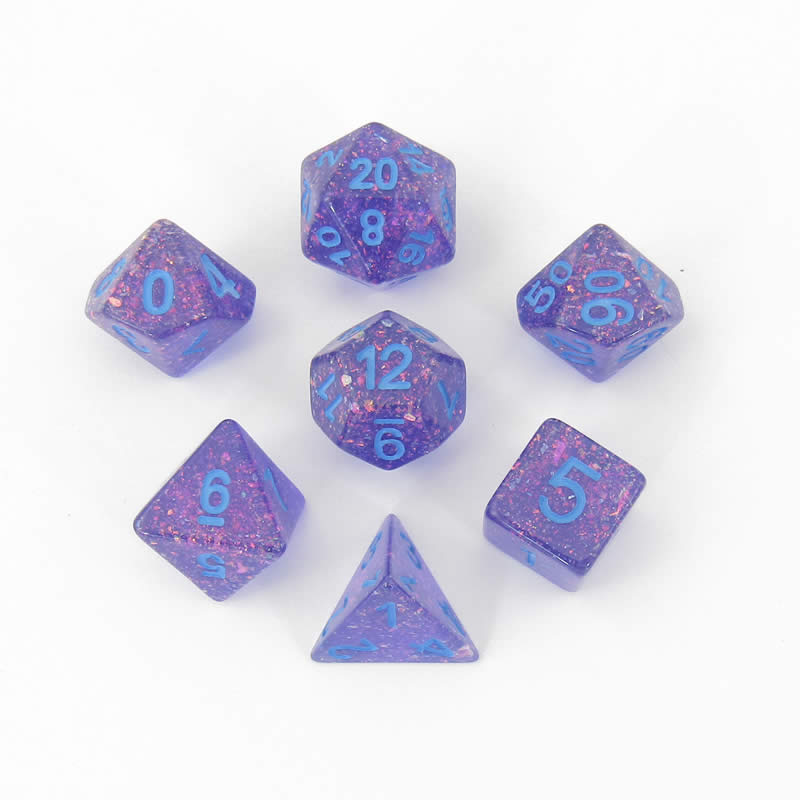 MET683 Purple Flash Dice with Blue Numbers Resin 16mm (5/8in) 7 Dice Set 2nd Image