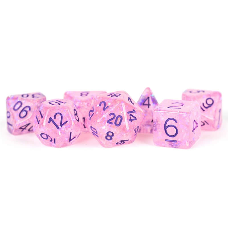 MET684 Pink Flash Dice with Purple Numbers Resin 16mm (5/8in) 7 Dice Set Main Image