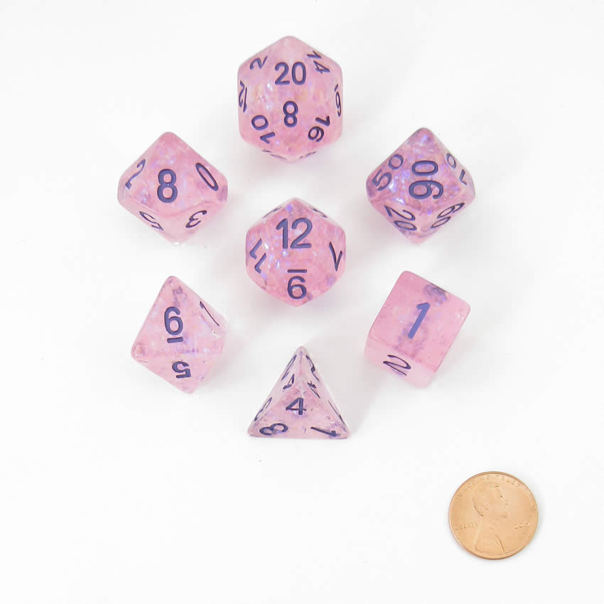 MET684 Pink Flash Dice with Purple Numbers Resin 16mm (5/8in) 7 Dice Set 2nd Image