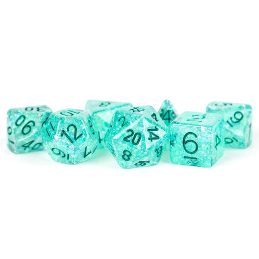 MET685 Teal Flash Dice with Green Numbers Resin 16mm (5/8in) 7 Dice Set Main Image