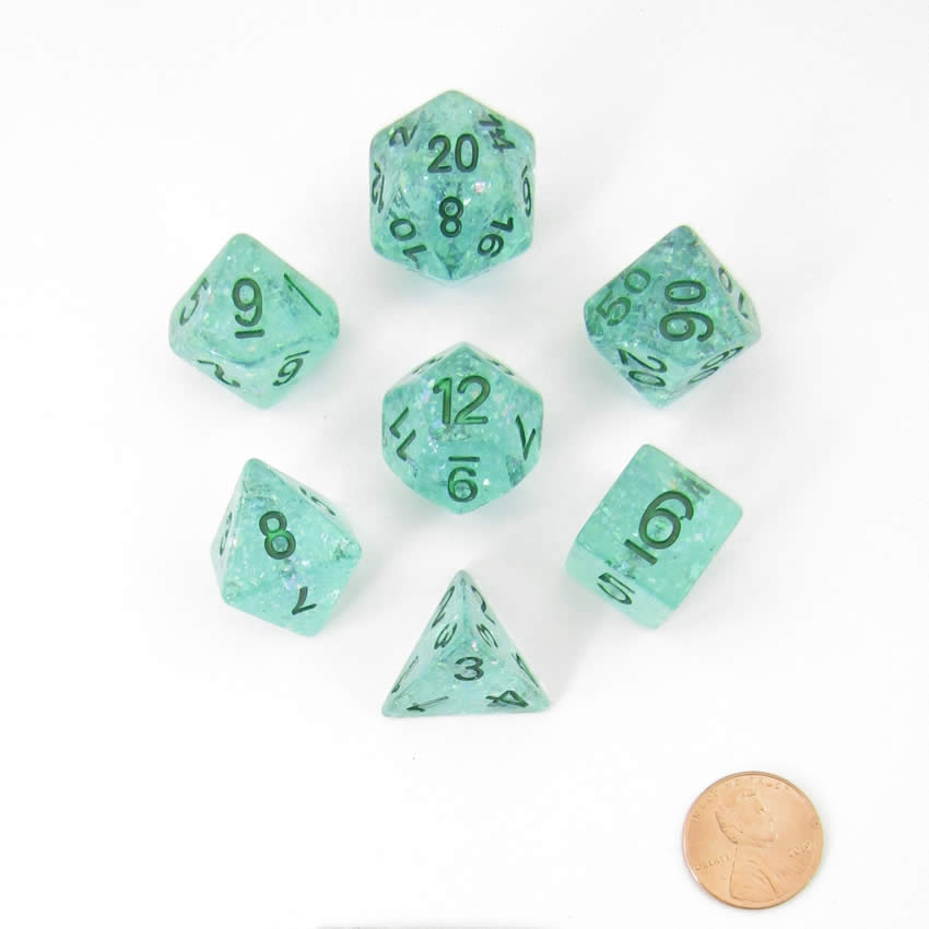 MET685 Teal Flash Dice with Green Numbers Resin 16mm (5/8in) 7 Dice Set 2nd Image