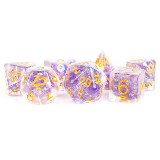MET687 Purple Pearl Resin Dice with Gold Colored Numbers 16mm (5/8in) 7 Dice Set Main Image