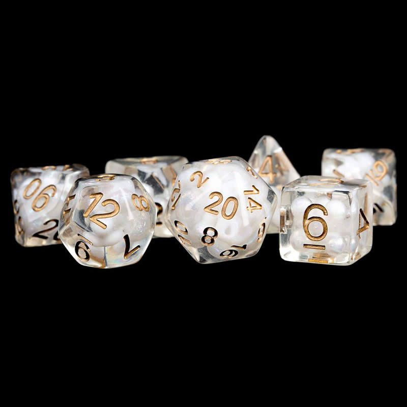 MET688 Clear Pearl Resin Dice with Copper Colored Numbers 16mm (5/8in) 7 Dice Set Main Image