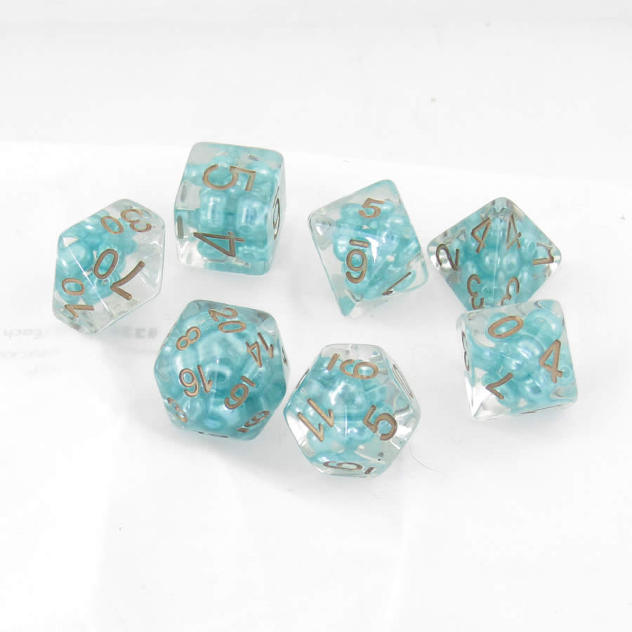 MET690 Teal Pearl Dice with Copper Numbers Resin 16mm (5/8in) 7 Dice Set Main Image