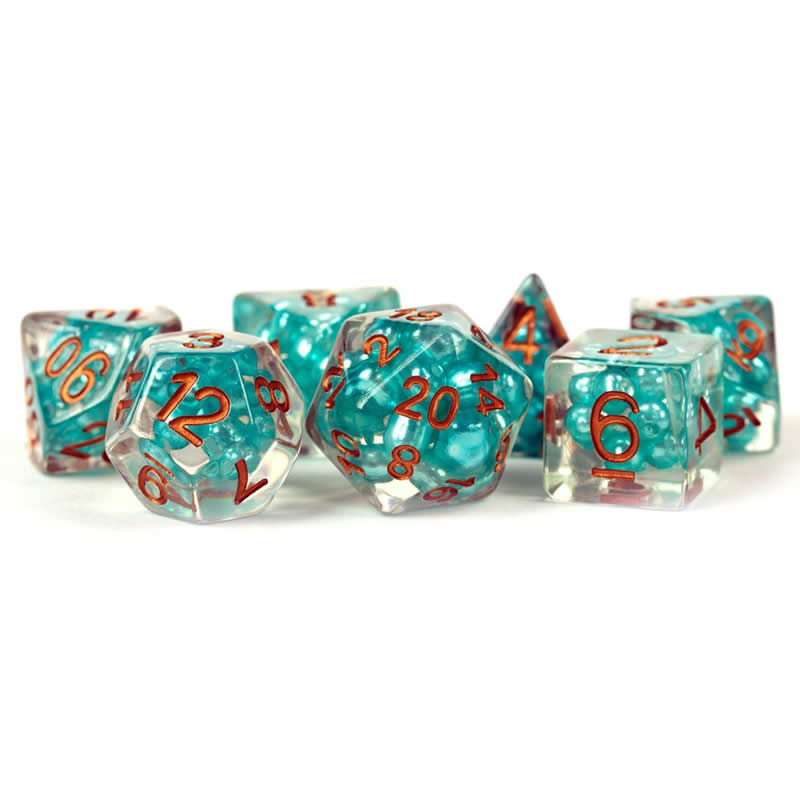 MET690 Teal Pearl Dice with Copper Numbers Resin 16mm (5/8in) 7 Dice Set 2nd Image