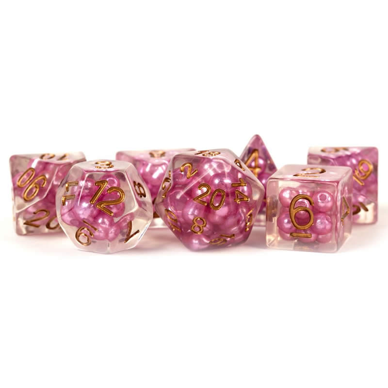 MET691 Pearl Pink Dice with Copper Numbers Resin 16mm (5/8in) 7 Dice Set Main Image