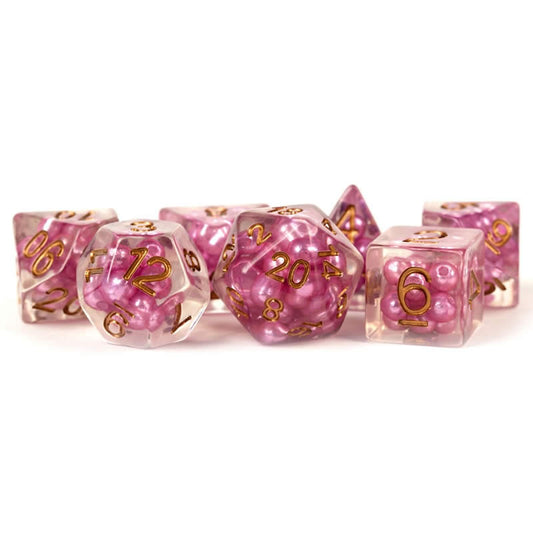 MET691 Pearl Pink Dice with Copper Numbers Resin 16mm (5/8in) 7 Dice Set Main Image