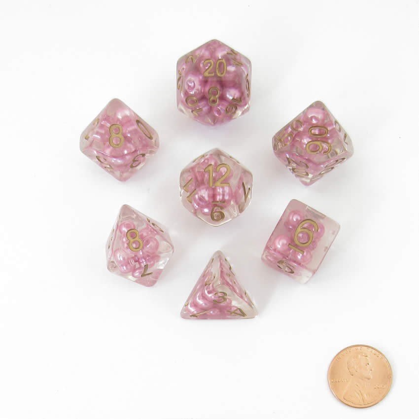 MET691 Pearl Pink Dice with Copper Numbers Resin 16mm (5/8in) 7 Dice Set 2nd Image