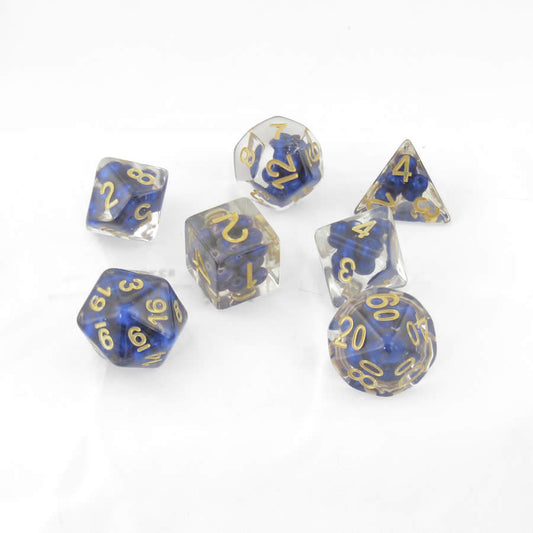 MET692 Royal Blue Pearl Dice with Gold Numbers Resin 16mm (5/8in) 7 Dice Set Main Image