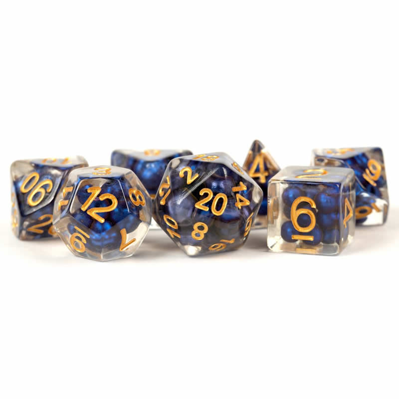 MET692 Royal Blue Pearl Dice with Gold Numbers Resin 16mm (5/8in) 7 Dice Set 2nd Image