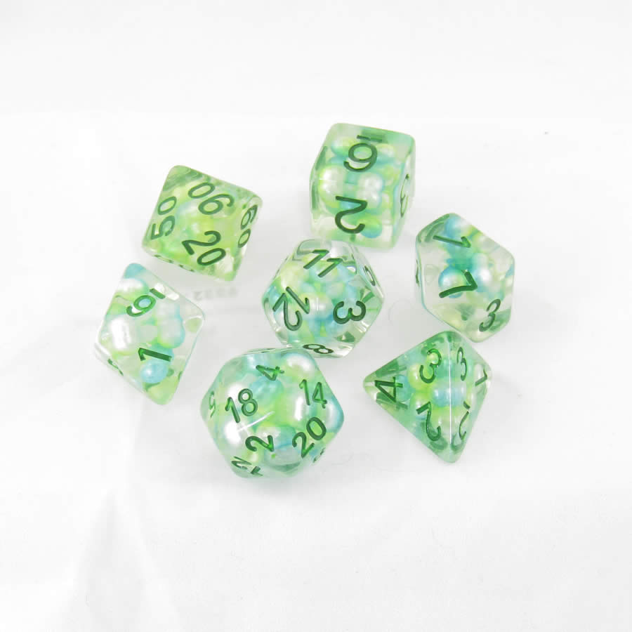 MET694 Sea Foam Pearl Dice with Gold Numbers Resin 16mm (5/8in) 7 Dice Set Main Image