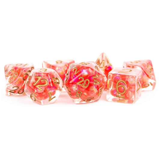 MET695 Red Pearl Resin Dice with Copper Colored Numbers 16mm (5/8in) 7 Dice Set Main Image